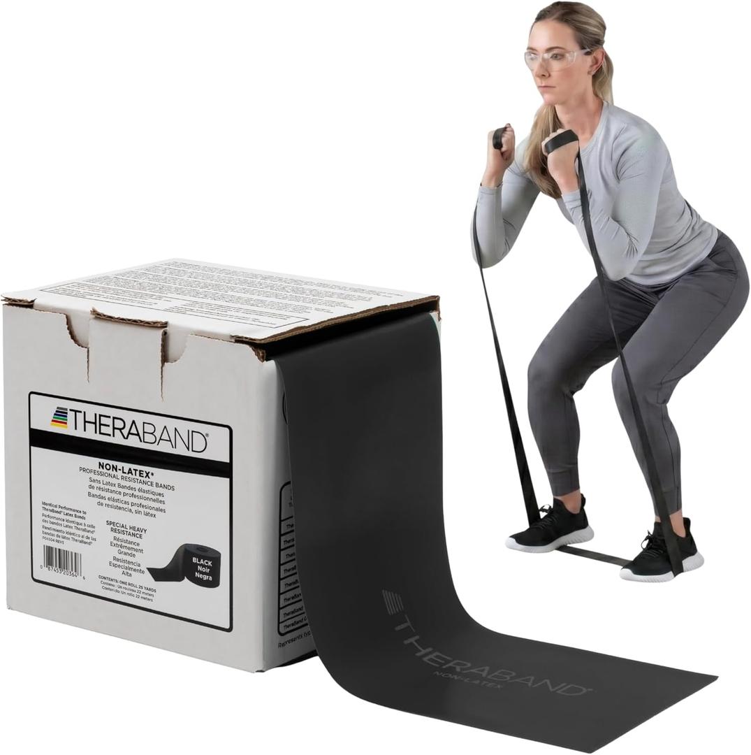 THERABAND Resistance Band 25 Yard Roll, Non-Latex Professional Elastic Stretch Bands for Upper & Lower Body Exercise Workouts, Physical Therapy, Lower Pilates, Flexibility, & Rehab, Dispenser Box (Black - Special Heavy)