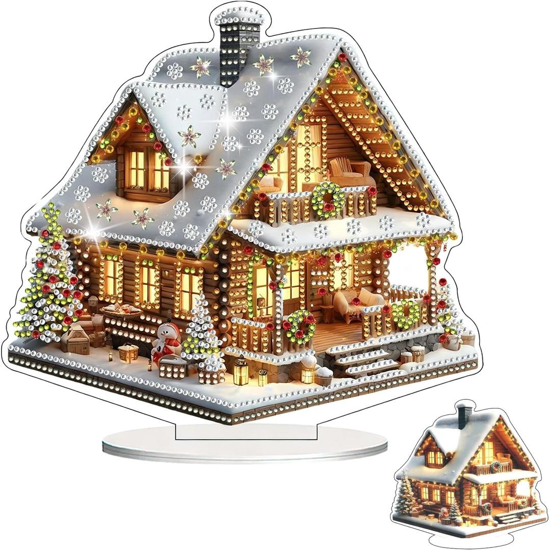 Mokvtz DIY 5D Tabletop Diamond Art Painting Kit, House DIY Diamond Art Painting Desktop Ornament, House Shaped Rhinestone Desk Placement Ornament, Home Office Stand Up Gem Painting Craft Kit, Gift