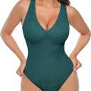 FeelinGirl Shapewear Bodysuit for Women Lace Body Suit Body Shaper Thong V Neck Tummy Control (X-Large, Green)