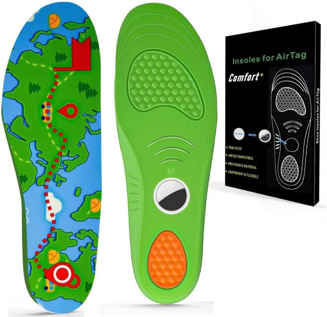 2 x Insoles for Airtag Hidden Holder, Tracker Devise Case for Kids, Comfortable Cushioned Inserts,Green Positioning Pattern Design,Anti-Slip Fit(Kid Green, M:215-240MM (Men 3-5.5/Women 4.5-7))