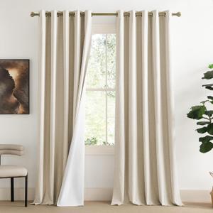 NICETOWN 100% Absolutely Blackout Linen Curtains with Thermal Insulated White Liner, Beige, W62, 2 Pieces, Noise Reducing Textured Linen Look Curtains for Windows 108 inch Length for Classroom