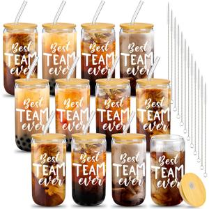 12 Set Employee Appreciation Gifts Thank You Glass Cups Gifts for Staff Coworker Appreciation Cups 16 oz Can Shaped Beer Glass with Lids Straws Brushes for Teacher Nurse(Best Team Ever)
