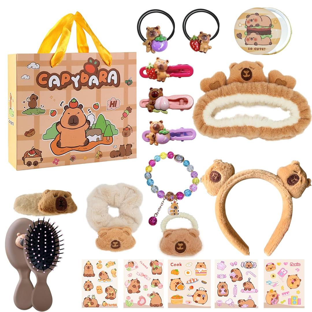 Carpibara Girls Gift Set Kawaii Hair Accessories Mirror Comb Set with Scrunchies, Bracelet, Hair tie, Hair Pins, Headbands, Cartoon Stickers Friendship Birthday Gifts for Teens Kids (1 Count (Pack of 18), Capibara)
