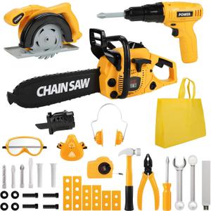 Mathea Kids Tool Set, 37 Piece Toddler Tool Set with Electronic Toy Drill and Chainsaw, Construction Tools Kits with Storage Bag, Christmas Birthday Gifts for Kids Ages 3,4,5,6,7,8