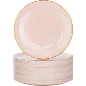 Nervure 100PCS Pink and Gold Plastic Plates - 10.25 inch Pink Disposable Plates with Gold Rim - Party Plate - Dinner Plate Ideal for Wedding & Party