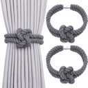 NICEEC 2 Pack Natural Cotton Rope Magnetic Curtain Tiebacks Elegant Knot Decor Drape Tie Backs Boho Style Soft Hand Weave Rope Curtain Holdbacks for Home & Office Window Drapery (Dark Grey)