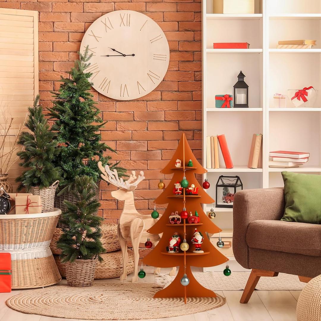 23.6 Inch Wooden Christmas Tree Shelf 4 Tier Display Tree Ornament Stand Corner Wooden Bookshelf Holder for Xmas Holiday Display Decoration(Brown)