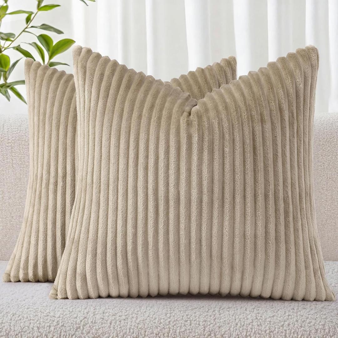Simmore Decorative Throw Pillow Covers 26x26 Set of 2, Soft Natural Plush Flannel Double-Sided Fluffy Couch Euro Sham Pillow Covers for Sofa Living Room, Khaki (Light Brown)