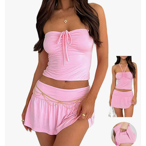 Sexy Two Piece Outfits for Womens Summer Y2K Going Out Tube Top Skirt Mini Dress Rave Festival Beach Club Skort Set (Medium)