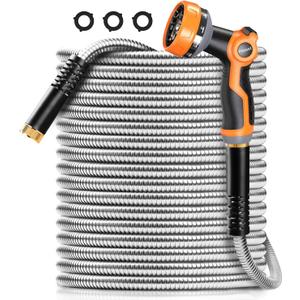 Omont Metal Garden Hose 100FT, Stainless Steel Water Hose with Nozzle, Flexible, Lightweight, Puncture Proof, Never Kink & Tangle, Heavy Duty Garden Hose for Yard and Outdoor