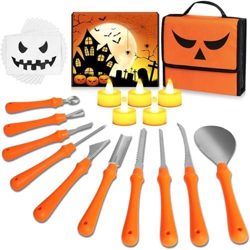 10 PCS Halloween Pumpkin Carving Kit, Professional Heavy Duty Stainless Steel Tools, Pumpkin Carving Tool Set with Stencils for Adult, Pumpkin Cutting Knife Supplies for Halloween Decoration