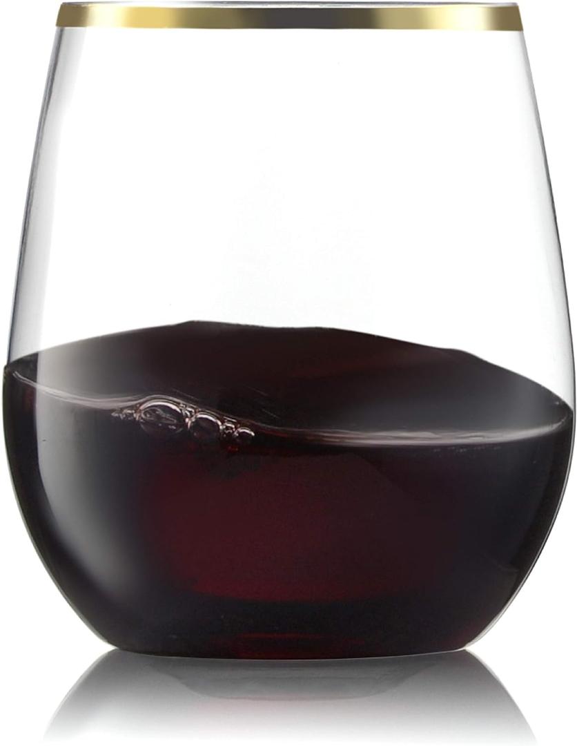 32 Pack Stemless Plastic Wine Glasses Disposable 12 Oz Gold Rim - Shatterproof Recyclable and BPA-Free, Stylish Drinkware for all Beverages, Cocktail Parties, Wedding Reception