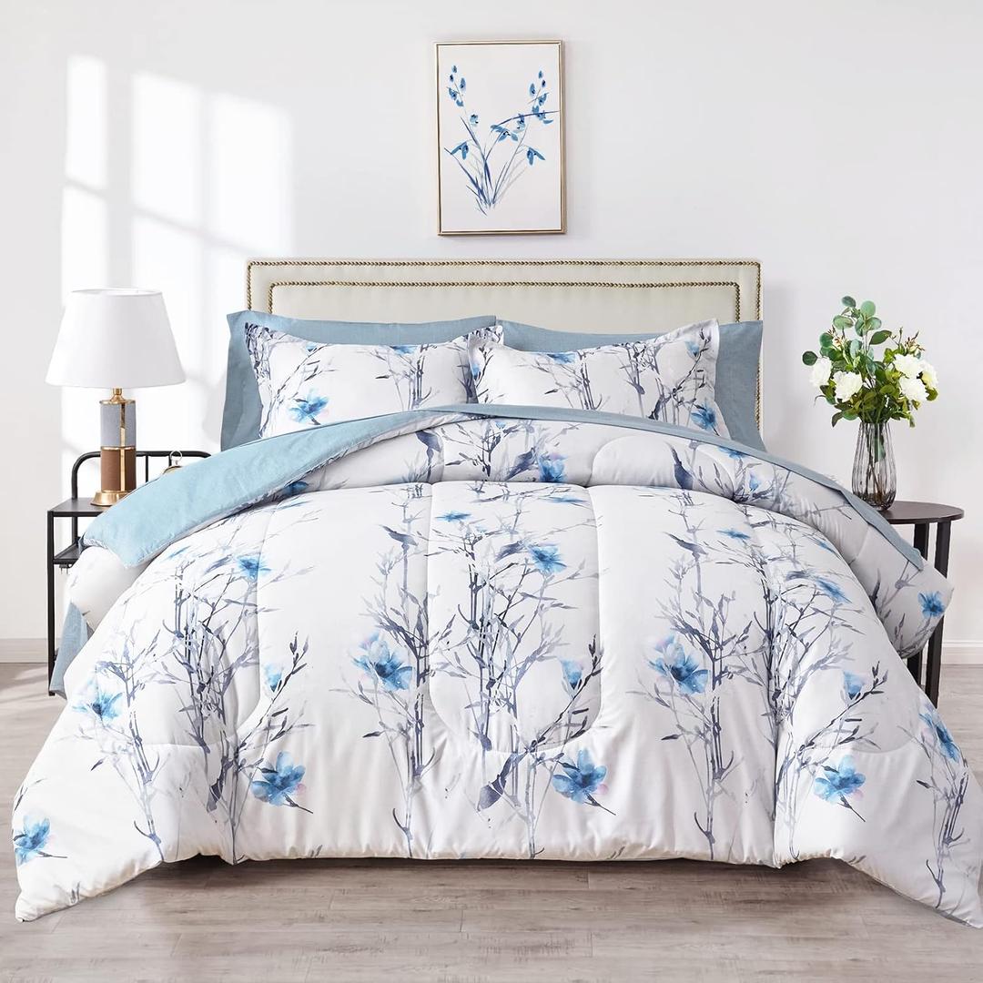 6 Piece Bed in a Bag Twin Comforter Set with Sheets, Blue Flower Branch on White Botanical Bedding Sets for Kids (1 Comforter, 2 Pillow Shams, 1 Flat Sheet, 1 Fitted Sheet, 1 Pillowcases)