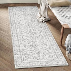 Grey 2x5 Runner Rug Vintage Area Carpet Hallway Indoor Kitchen Washable Low Pile Traditional Distressed Retro Accent Throw Rug Non Slip for Laundry Bathroom Office