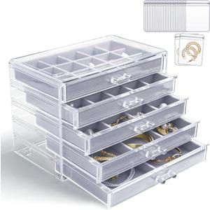 KAMIER Earring Jewelry Organizer with 20 Pcs Portable Jewelry Bag, Clear Acrylic Jewelry Organizer Box for Women with 5 Drawers for Earrings Ring Bracelet Necklace (Gray)