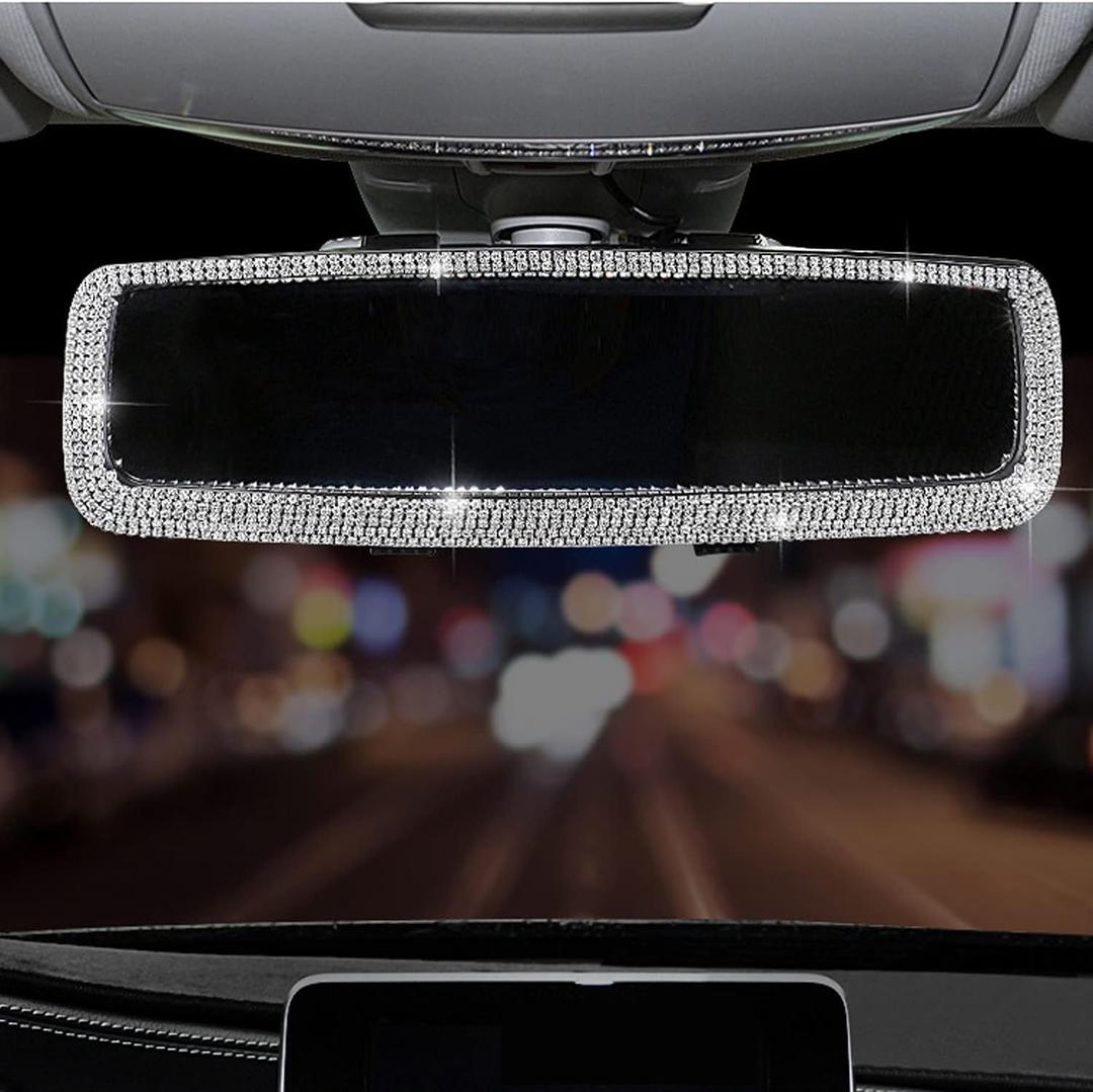 Bling Rhinestone Car Rear View Mirror with Crystal Diamonds Bling Rhinestones Cars Rear View Mirrors for Women,Car Interior Trim. (Sliver)