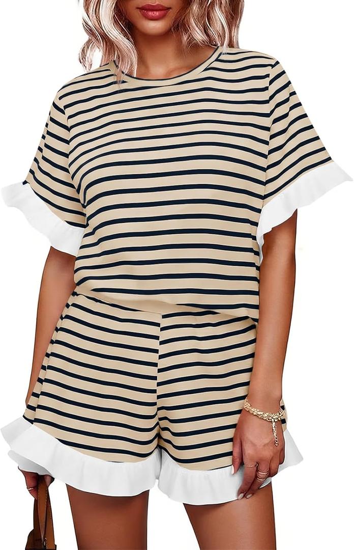 Tankaneo Womens 2 Piece Striped Shorts Set Ruffle Short Sleeve Tops Hight Waist Shorts Matching Sets Summer Vacation Outfits (Beige)