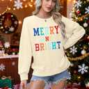 MOUSYA Christmas T-Shirt Women Merry Bright Colorful Letter Printed Sweatshirt Casual Long Sleeve Round Neck Pullover Tops (Beige, L)