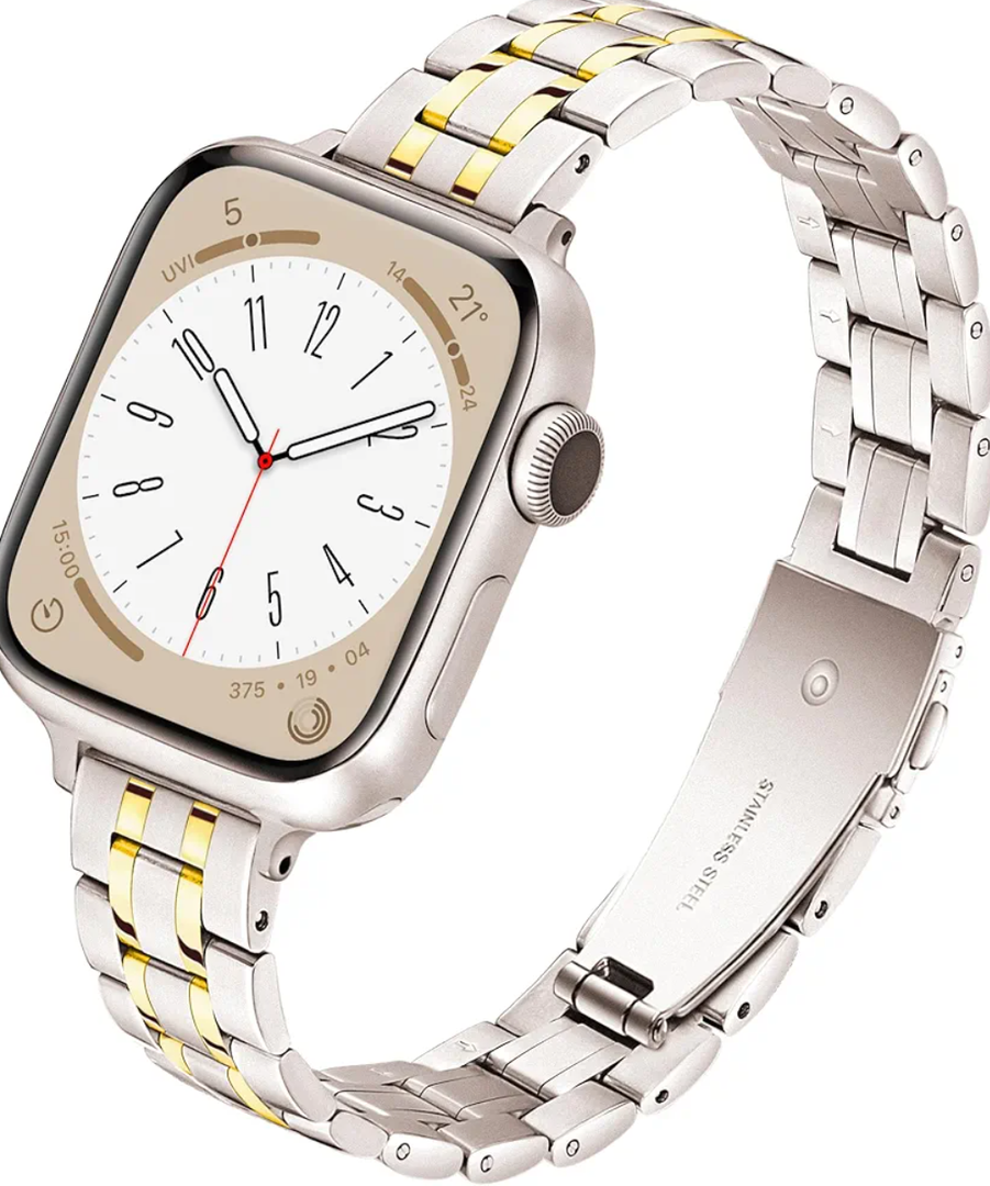 Slim Metal Band for Apple Watch Bands for Women 44mm 45mm 46mm 49 42mm(S3) iWatch Bands, Stainless Steel Thin Dressy Strap for Apple Watch Band Series 11 10 9 8 SE 7 6 5 4 3-Starlight+Gold