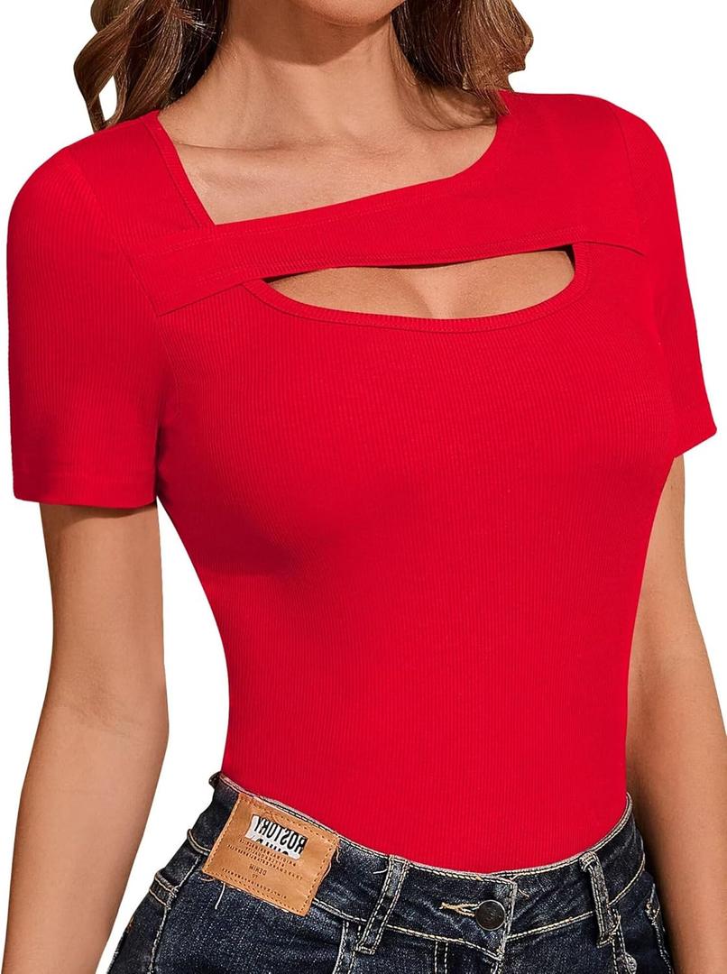Long Sleeve Shirts Women Ribbed One Piece Cutout Tops Fashion Slim Fitted Clothes (Medium)