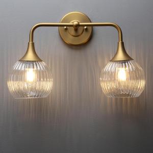 PERMO Wall Sconce Vintage Vanity Light Antique 2 Lights Sconce with Clear Ribbed Globe Glass Shade Antique Brass Gold Double Sconces for Bathroom (Heardwired)