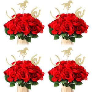 Knitgrip 48 Pcs Ky Derby Horse Party Centerpieces 24 Red Artificial Roses Flowers Bouquet 24 Pcs Derby Horseshoe Sticks Toppers for Tables Horse Day Party Decoration