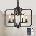 Farmhouse Chandelier Fan, 20" Industrial Caged Ceiling Fans with Lights and Remote Control, Rustic Hanging Pendant Chandelier Light Fixture for Bedroom, Dining Room, Kitchen Island, Foyer-Black