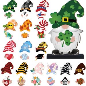 Blulu 32 Pcs Interchangeable Wooden Gnome Decor Valentines St. Patrick's Day Easter Holiday Seasonal Tiered Tray Decor Gnomes with Magnet Pieces Welcome Sign for Holiday Decorations (Fresh)