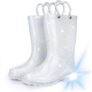 Toddler Rain Boots Girls Rain Boots - Glitter Light Up Kids Rain Boots with Easy-On Handles Lightwight Waterproof Rain Shoes(Toddler/Little/Big kids)