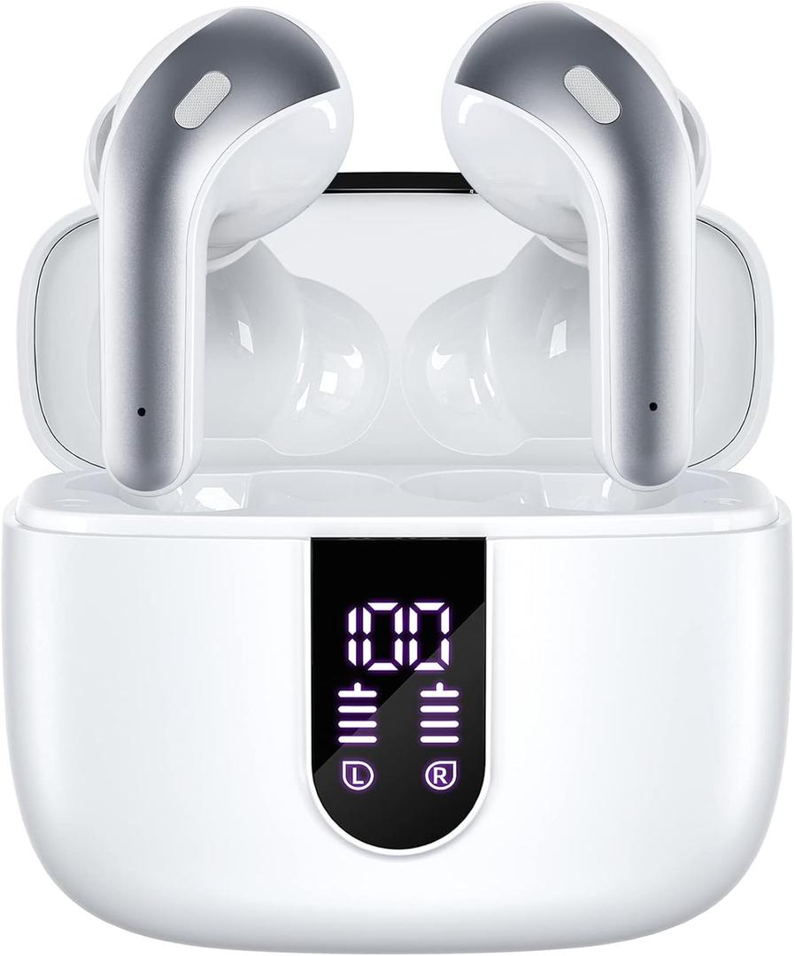 TAGRY Bluetooth Headphones True Wireless Earbuds 60H Playback LED Power Display Earphones with Wireless Charging Case IPX5 Waterproof in-Ear Ear buds with Mic for TV Smart Phone Laptop Computer Sports (White)