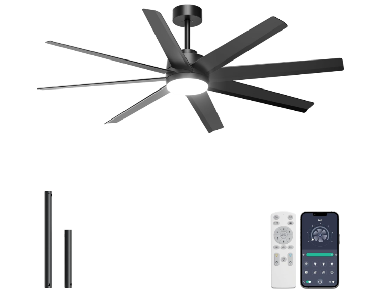 Ohniyou 60" Black Ceiling Fan with Light for Patio, Porch, Living Room