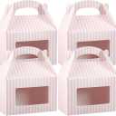 Restaurantware Bio Tek 8.5 x 4.8 x 5.5 Inch Gable Boxes For Party Favors, 25 Attractive Gift Boxes - Striped Design, With Clear PET Window, Pink And White Paper Barn Boxes, Built-In Handle