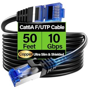 TuokaJu Cat6A Ethernet Cable Shielded 10Gbps 50 ft, Slim Shielded (F/UTP) Ethernet Cable Cat 6, Flexible 28AWG Bare Copper Cat6 Cable, Space-Saving Cat 6a Network Cable for Server, Data Center, Black