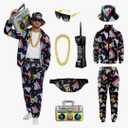 Retro 80s 90s Outfit for Men - 8-Piece Vintage 80s Halloween Costumes for Men-Tracksuit Set with Hip-Hop Accessories, M, Black