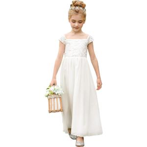 Flower Girl Dress A-Line Chiffon Dress for Girls Birthday Wedding Party Communion Dresses (White, 8-9Y)