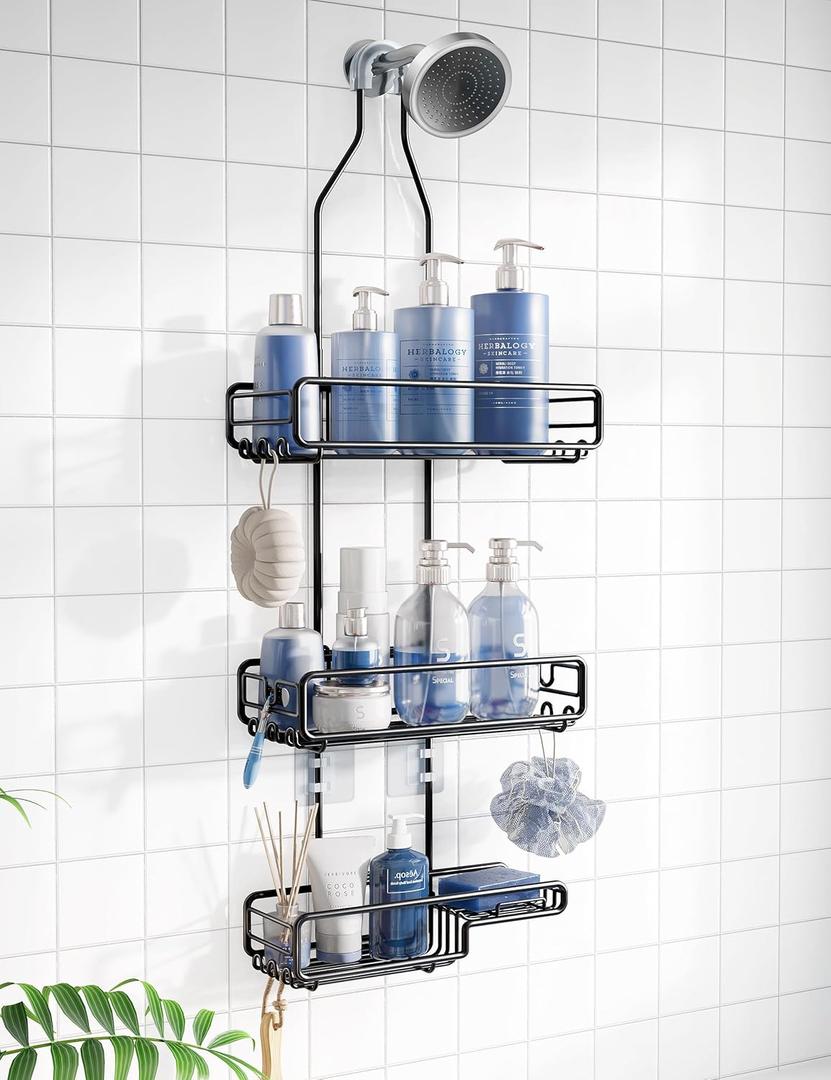 Shower Caddy Hanging Bathroom Organizer: Over Head Adjustable Rack for Tall Showerhead - Extra Large Storage Shelf for Big Shampoo Bottles with Soap Holder (Black)