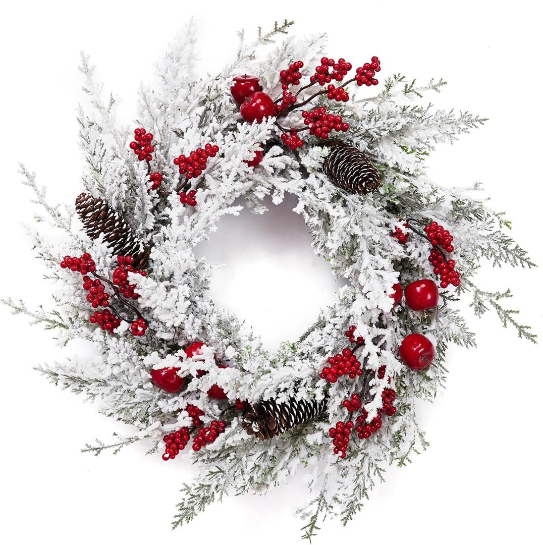 Christmas Wreath, 18 Inch Snow Flocked White Winter Wreath with Pine Cones Berries Apples for Front Door Fireplace Table Centerpiece Holiday Home Indoor Outdoor Decoration