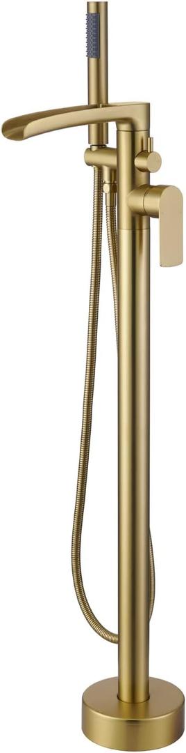 TapLong Waterfall Freestanding Bathtub Faucet Set Single Handle Floor Mount Tub Filler with Hand Shower High Flow Rate Max 6 GPM, Brushed Gold, 51019BG