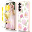 Govmeie for Samsung Galaxy A15 5G Case6.5 inch with Tempered Glass Screen ProtectorSlim TPU & Hard PC Crystal Clear Cover, Elegant Floral Pattern Design for Girls Women(Galaxy A15 -Flower Bud/Pink