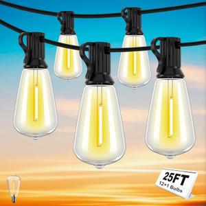 LED Outdoor String Lights 25FT Warm White Patio Lights with 12+1 Shatterproof ST38 Edison Bulbs, Dimmable Waterproof Outside Hanging Lights Connectable for Yard Balcony Porch Deck Party