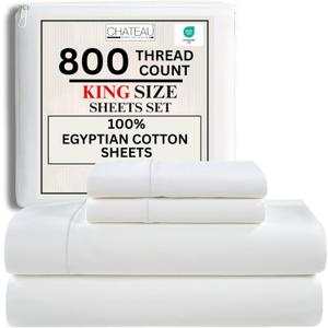 100% Egyptian Cotton Sheets King Size Sheets Set with Fully Elasticated 15" Deep Fitted Sheet & Pillowcase Sets, 800TC Sateen Weave Hotel Collection King Sheet Set, Soft Luxury White Bedding