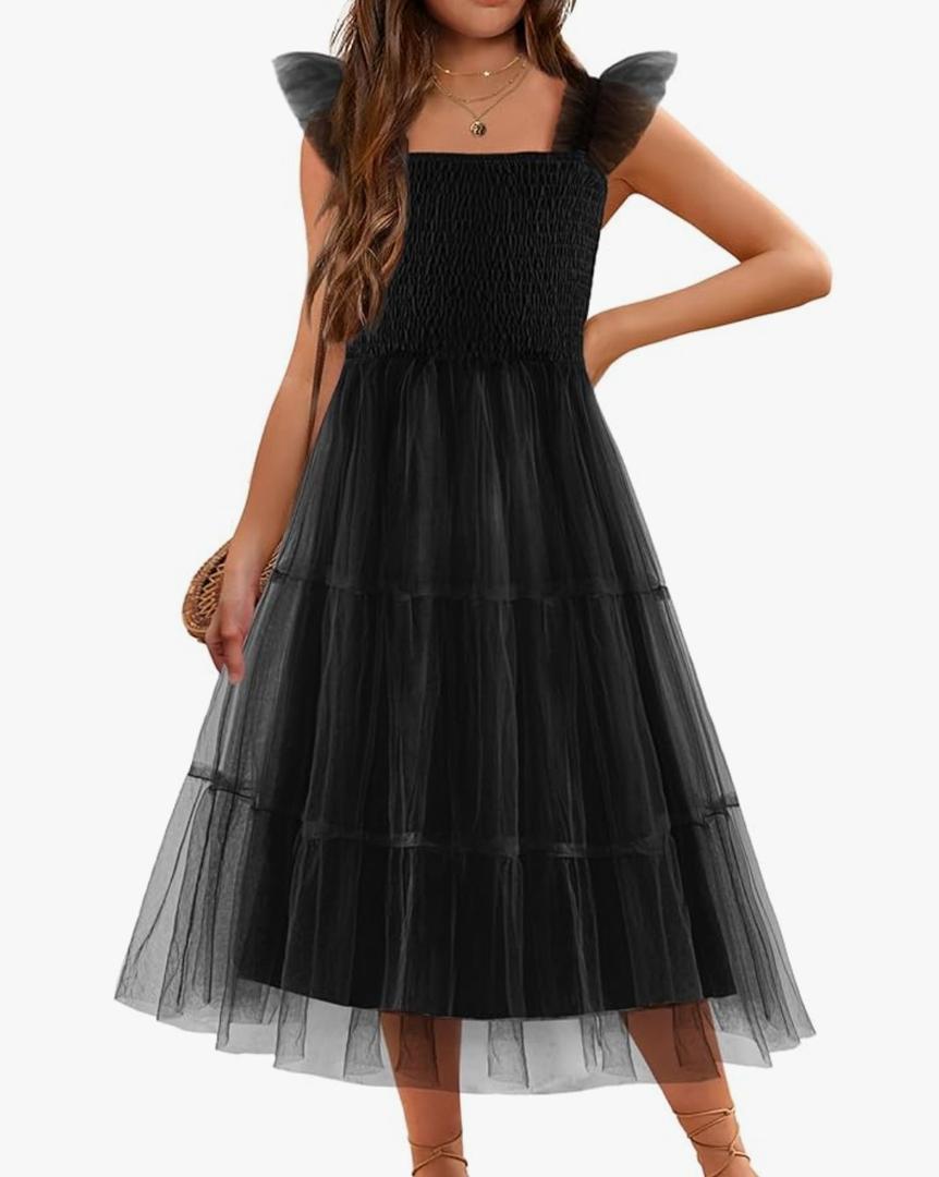 Girls Dress Ruffle Sleeve Elastic Straps Smocked A-Line Tulle Summer Long Patry Birthday Sundress,S