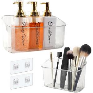 RV Must Haves Camper Must Haves Cabinet Door Organizer - Set of 2 Adhesive Wall Shelves & Shower Caddy for Camper Storage Organization, Space Saving Clear Plastic Organizers for Kitchen Bathroom