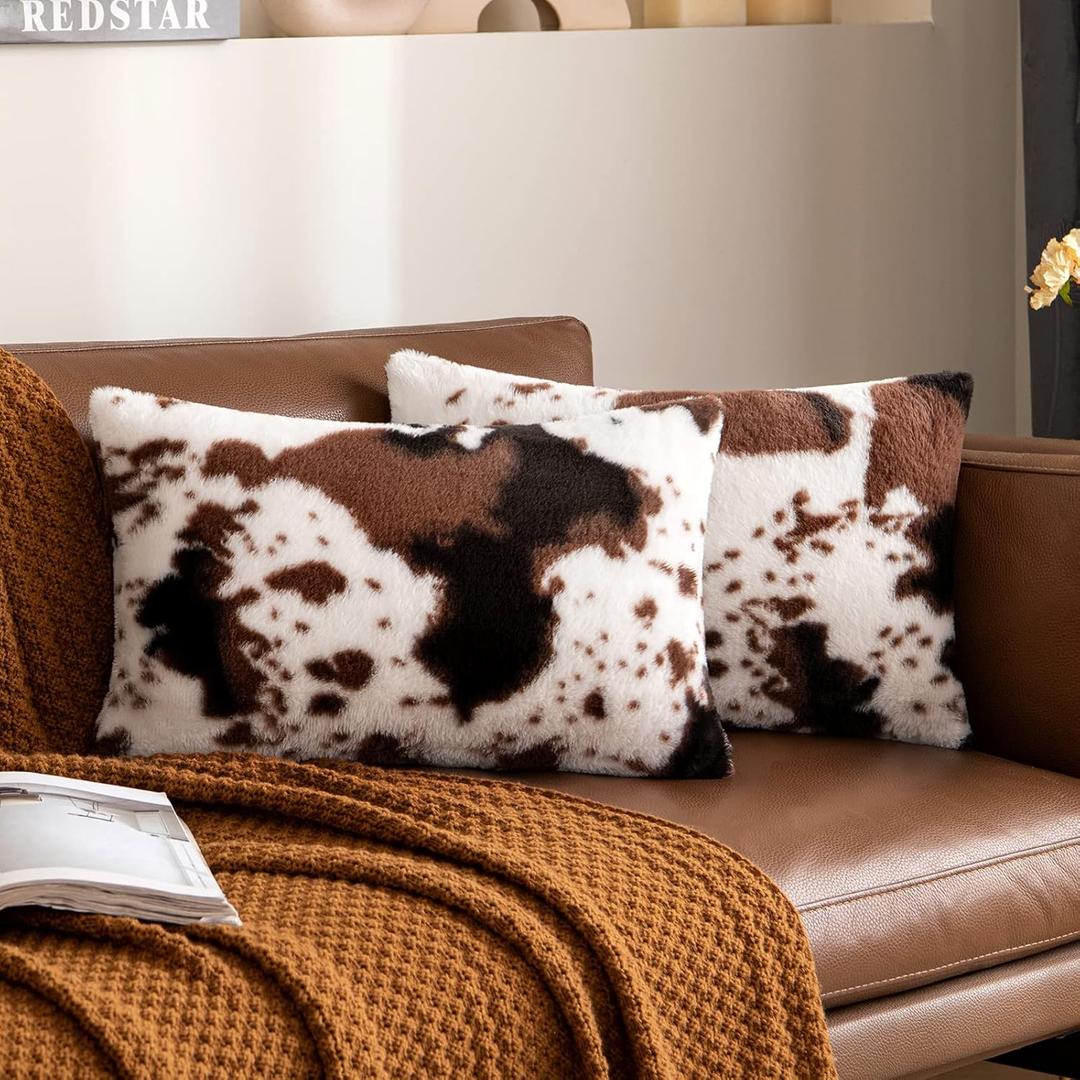 Woaboy Pack of 2 Luxury Faux Fur Throw Pillow Covers Cowhide Decorative Soft Fluffy Plush Couch Throws Brindle Cushion Covers for Couch Living Room Sofa Bedroom 12x20 Inch