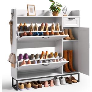 Ahomly 42" White Shoe Cabinet - 2 Flip Drawers (Adjustable), Side Cabinet, Storage Drawer & Open Top - Side Hooks for Shoes & Accessories - Space-Saving Entryway/Hallway Organizer