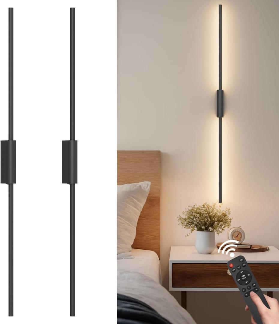 39.4In Battery Operated Wall Sconces Set of Two,12000mAh Wireless Rechargeable Sconces 3 Colors Dimmable with Remote for Living Room Bedroom (Black)