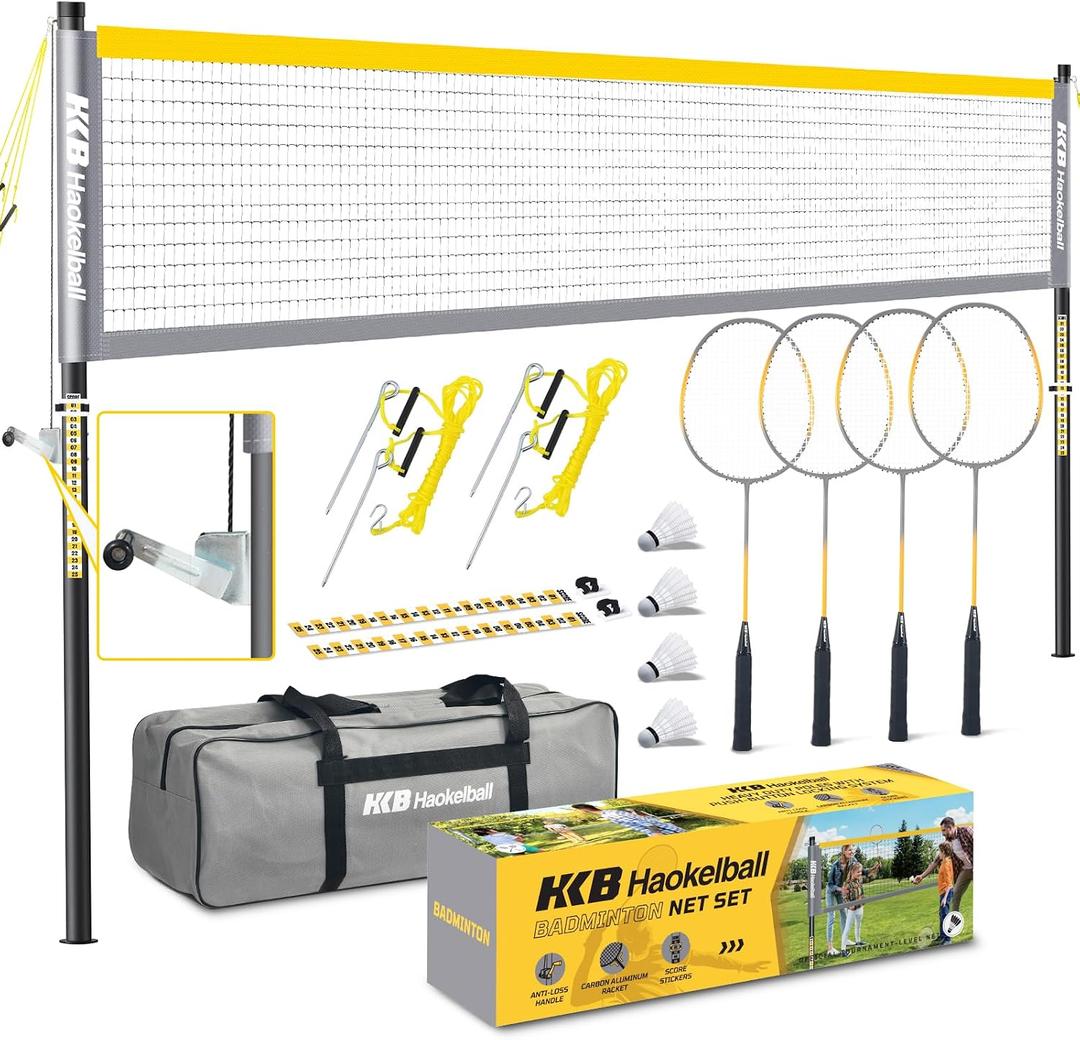 Haokelball Professional Badminton Set for Backyard & Outdoor, Heavy Duty Badminton Net with Anti-Sag Design, Premium Carbon Fiber Rackets Set of 4, Shuttlecocks, Portable Carry Bag, Gift Box Included