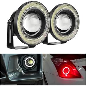 2PCS Car Angel Eye Fog Light, Round COB LED Lamp High Power Bright with White Halo Angel Eye Rings Headlight, Universal Daytime Running Light DRL Car Driving Bulbs Projector (Red)