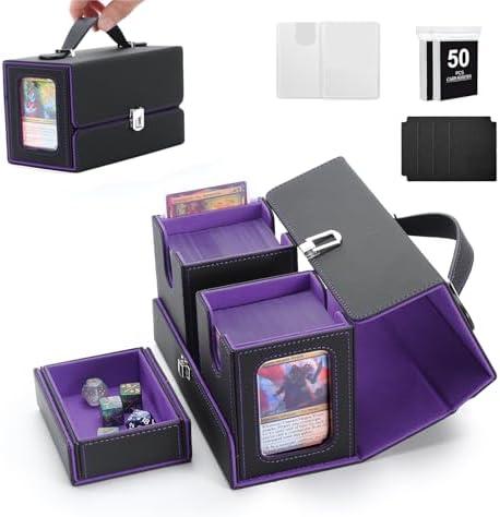 MTG Deck Box, Commander Deck Case Fits 200+ Double-Sleeved Cards, 3-in-1 Magnetic Card Storage Box,Removable Deck Case for TCG/Sports Cards with Handle＆Dice Tray（Black Purple）