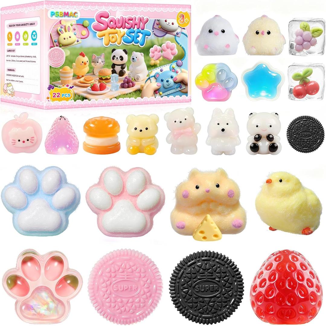 22PCS Squishy Toys, Adorable Squeeze Toys Set, Fidget Toys Kit for Kids & Adults, Squishies Ideal for Anxiety Stress Relief, Party Favors Classroom Birthday Gifts for Boys & Girls